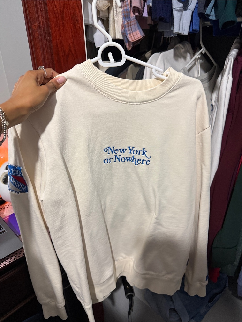 Cream Crewneck Sweater with Blue 'New York or Nowhere' Embroidery